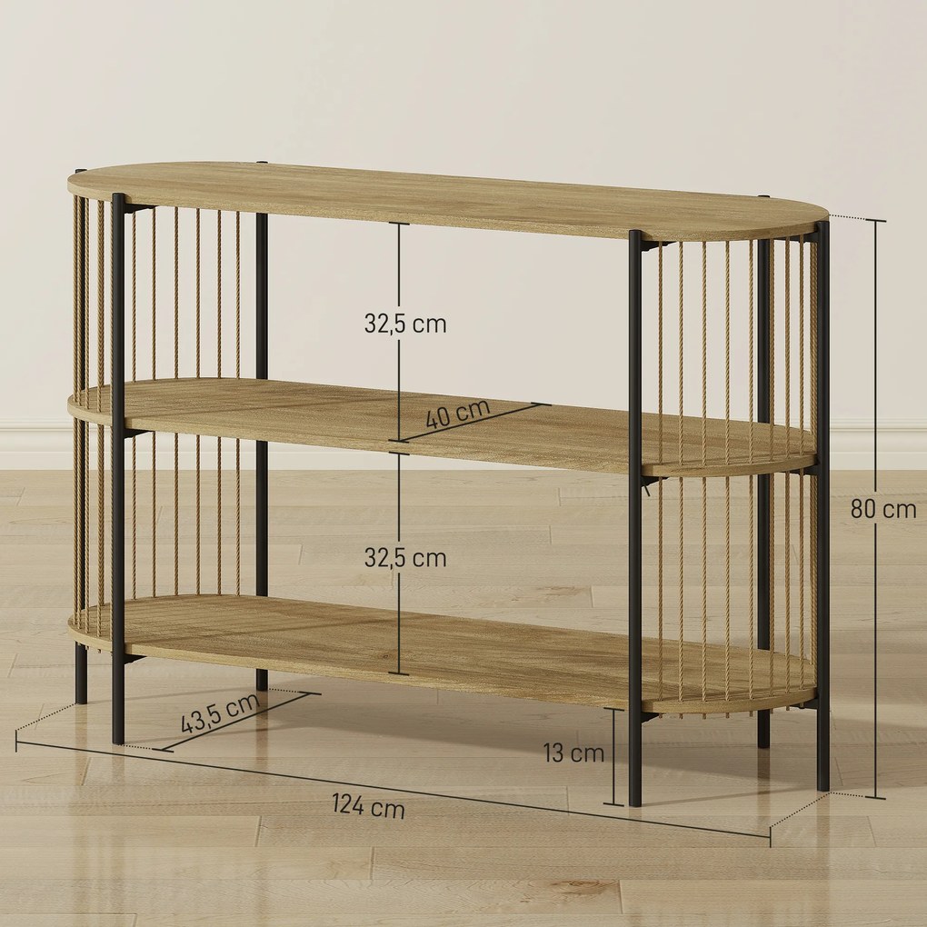 Mesa Consola com Corda de Papel Trançada à Mão Consola de Entrada de 3 Níveis com Estrutura de Aço Estilo Boémio 124x43,5x80 cm Madeira