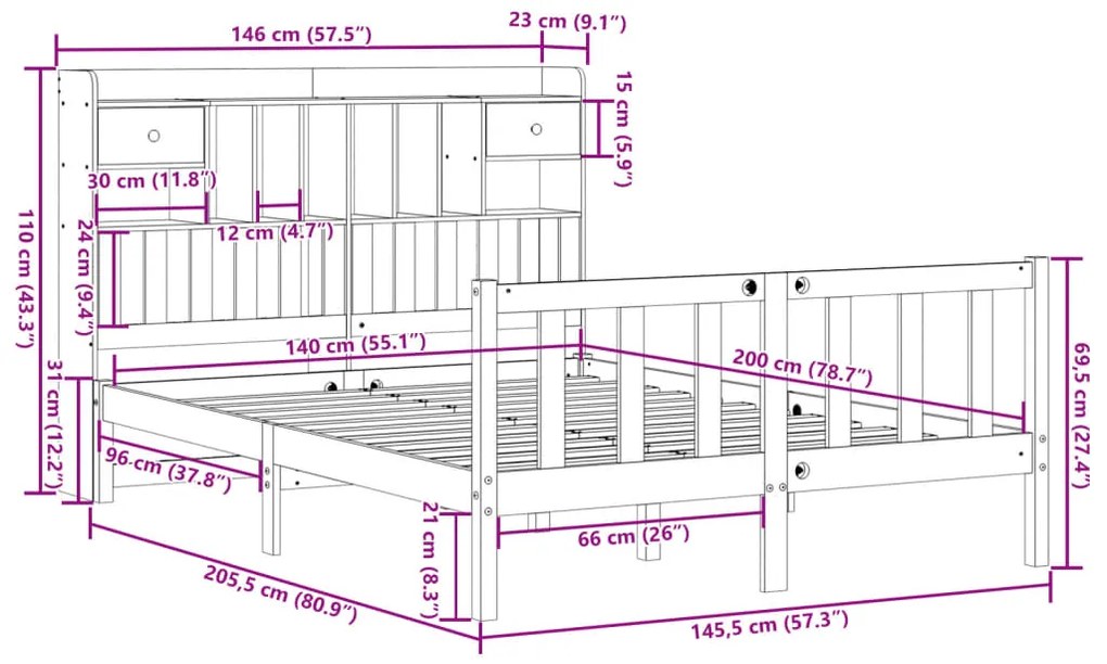 Cama com estante sem colchão 140x200 cm pinho maciço branco