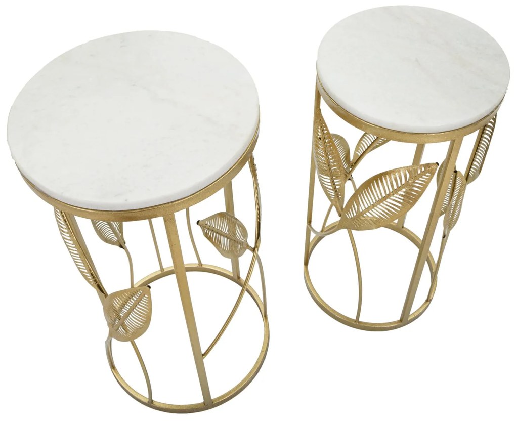 CONJUNTO DE 2 MESAS DE APOIO DE FOLHAS DOURADAS Ø 35X65,5-30X60,5 CM