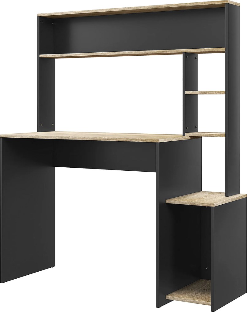 Secretária para Computador com Prateleira de 3 Níveis Mesa de Estudo com Suporte para CPU 114x45x138 cm Cinza e Natural