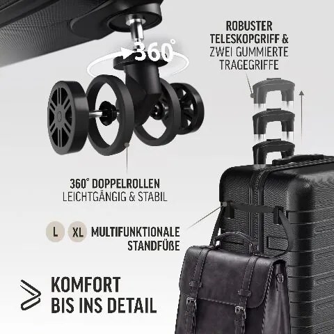 Conjunto de 3 malas de viagem com estrutura rígida «New York», rodas de 360°, ABS Pretas