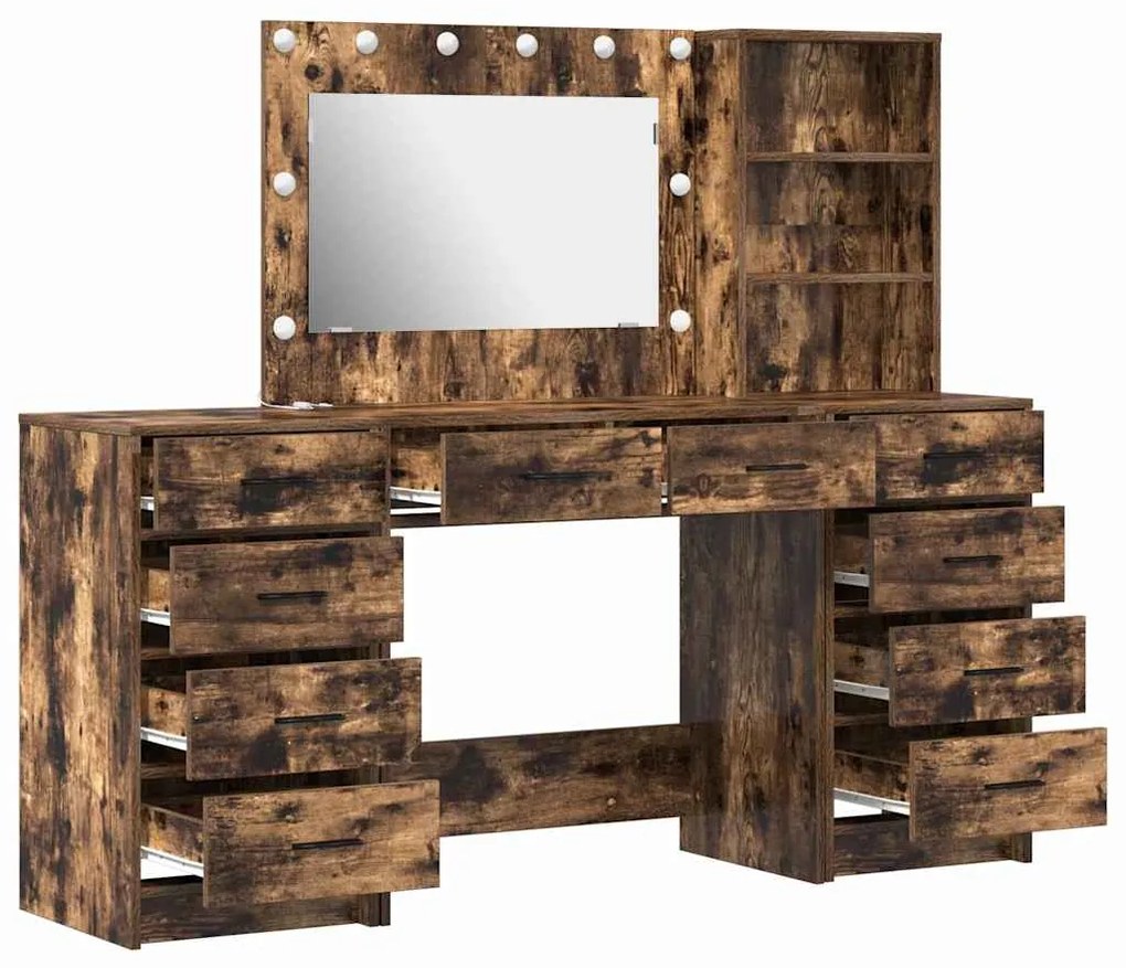Conjunto de Mesa de Maquiagem vidaXL com 3 Peças e LED em Carvalho Fum