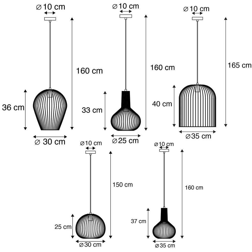 Conjunto de 5 candeeiros de suspensão design preto e dourado - Wires Design