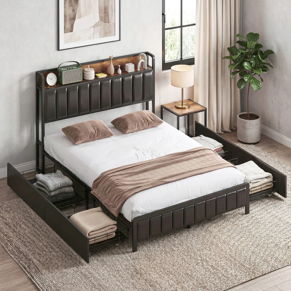 Estrutura de cama de 140 x 190 cm com base de ripas metálicas (COLCHÃO NÃO INCLUIDO), cama de casal estofada com 4 gavetas e prateleira, preta