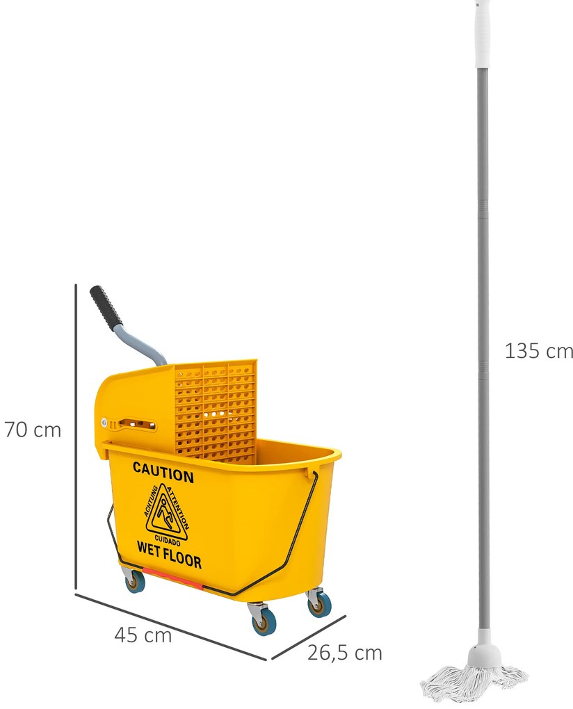 Balde de Limpeza com Esfregona e Rodas Capacidade de 20 L Sistema de Escurridor e Pega de Transporte 45x26,5x70 cm Amarelo