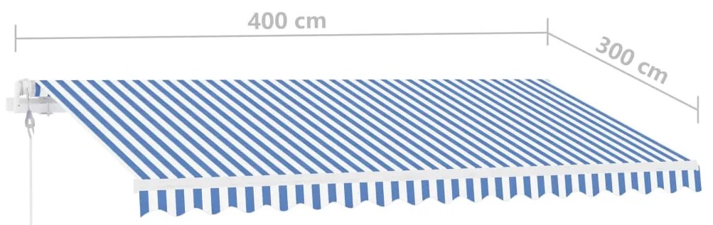 Toldo autom. LED e sensor de vento 400x300 cm azul e branco