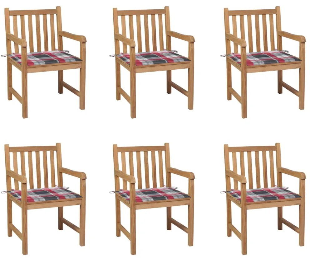Cadeiras jardim c/ almofadões xadrez vermelho 6 pcs teca maciça