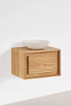 Conjunto De Móvel De Casa De Banho Suspenso Em Madeira De Teca Jabari Madeira De Teca & Cimento Redondo Branco Ø40 Cm Zavion - Sklum