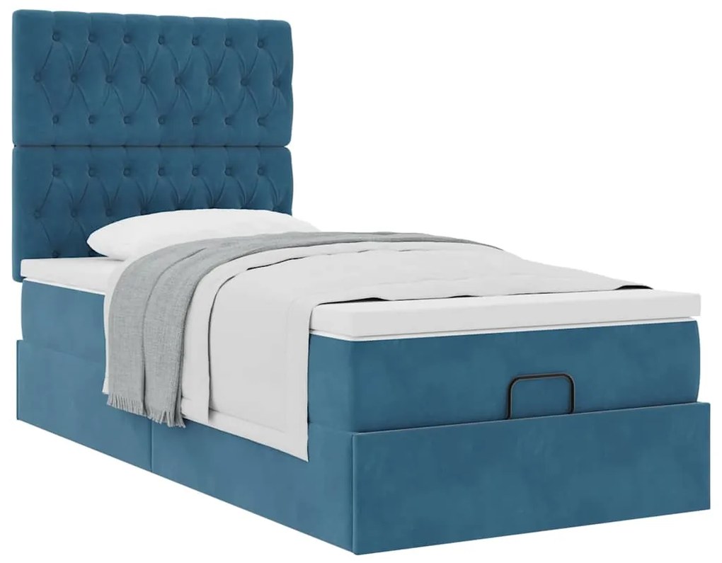 Estrutura cama otomana com colchões azul escuro 90x190cm veludo