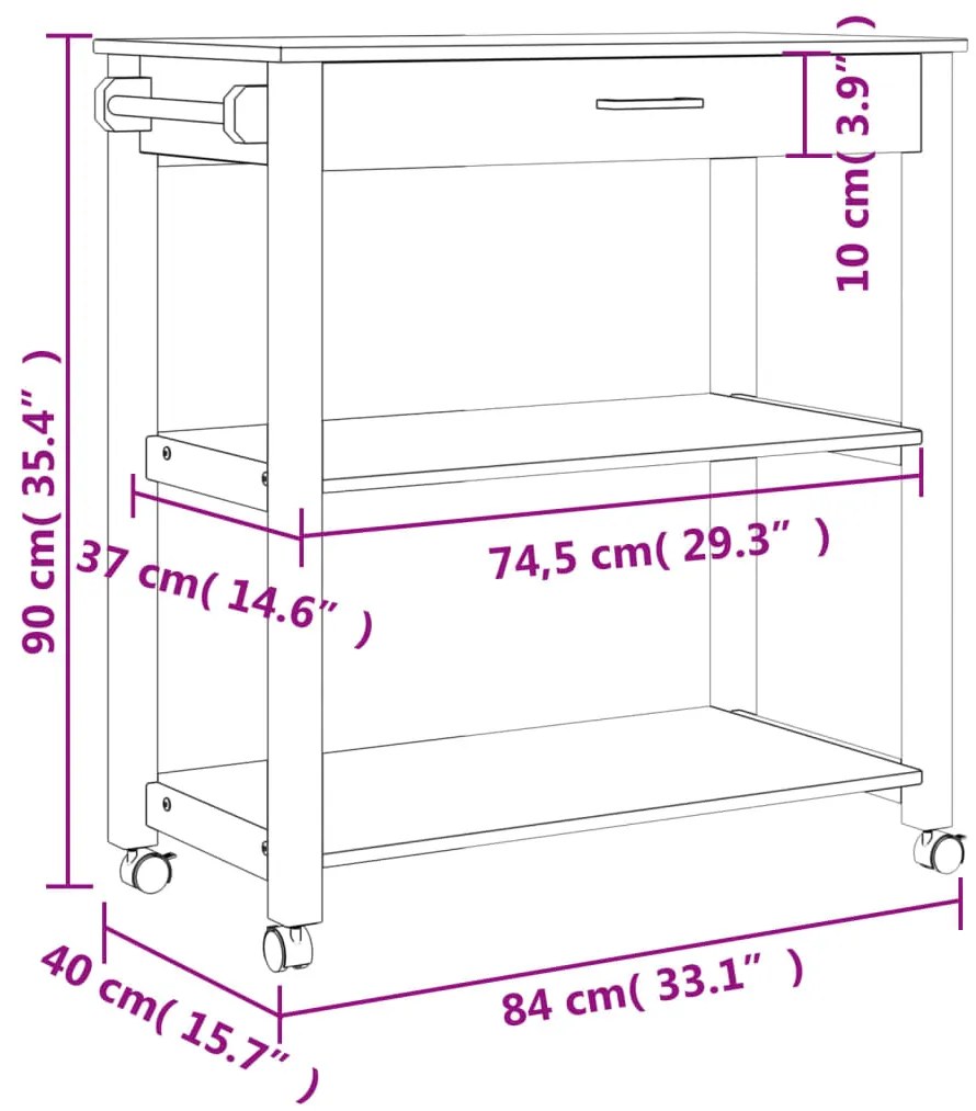 Carrinho de cozinha MONZA 84x40x90 cm madeira de pinho maciça