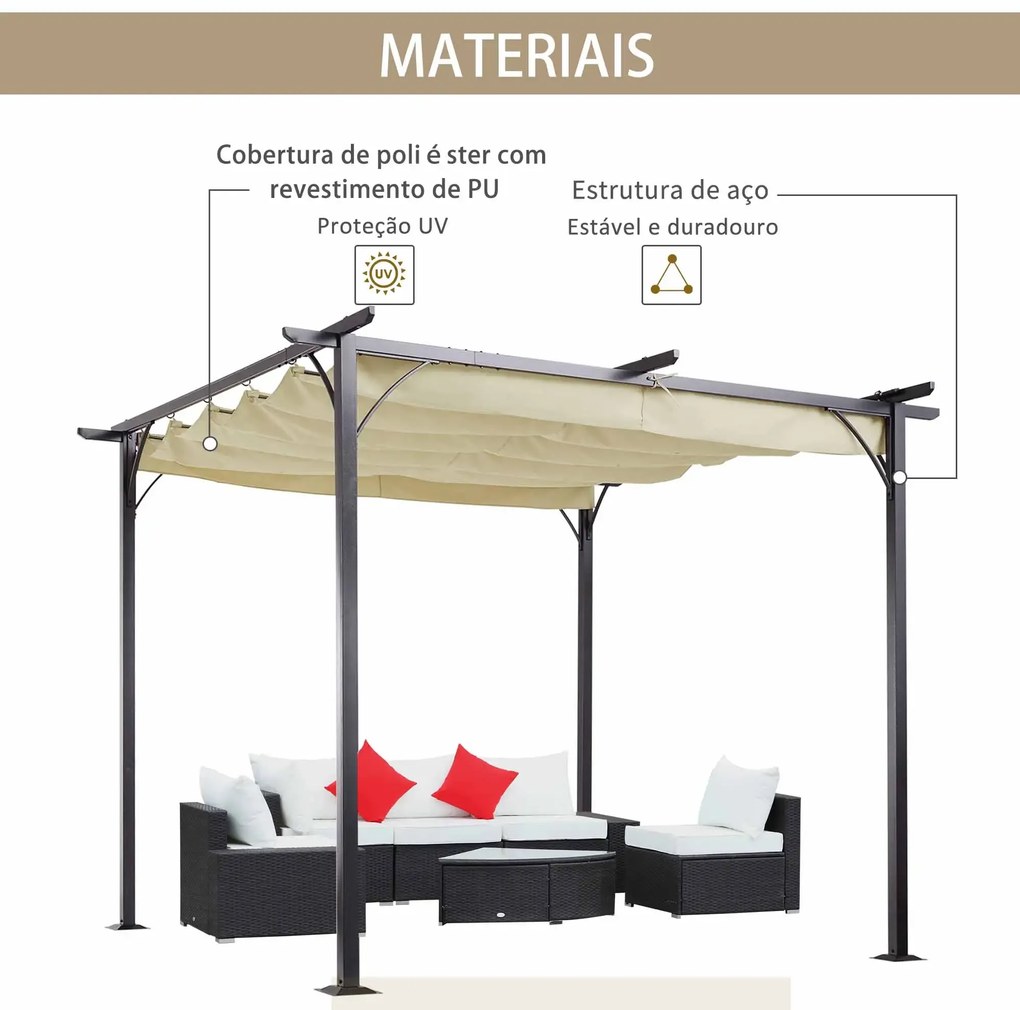 Pérgola para Jardim 3x3m com Telhado Retrátil Tecido de Poliéster Resistente à Água e UV 5 bege e preto