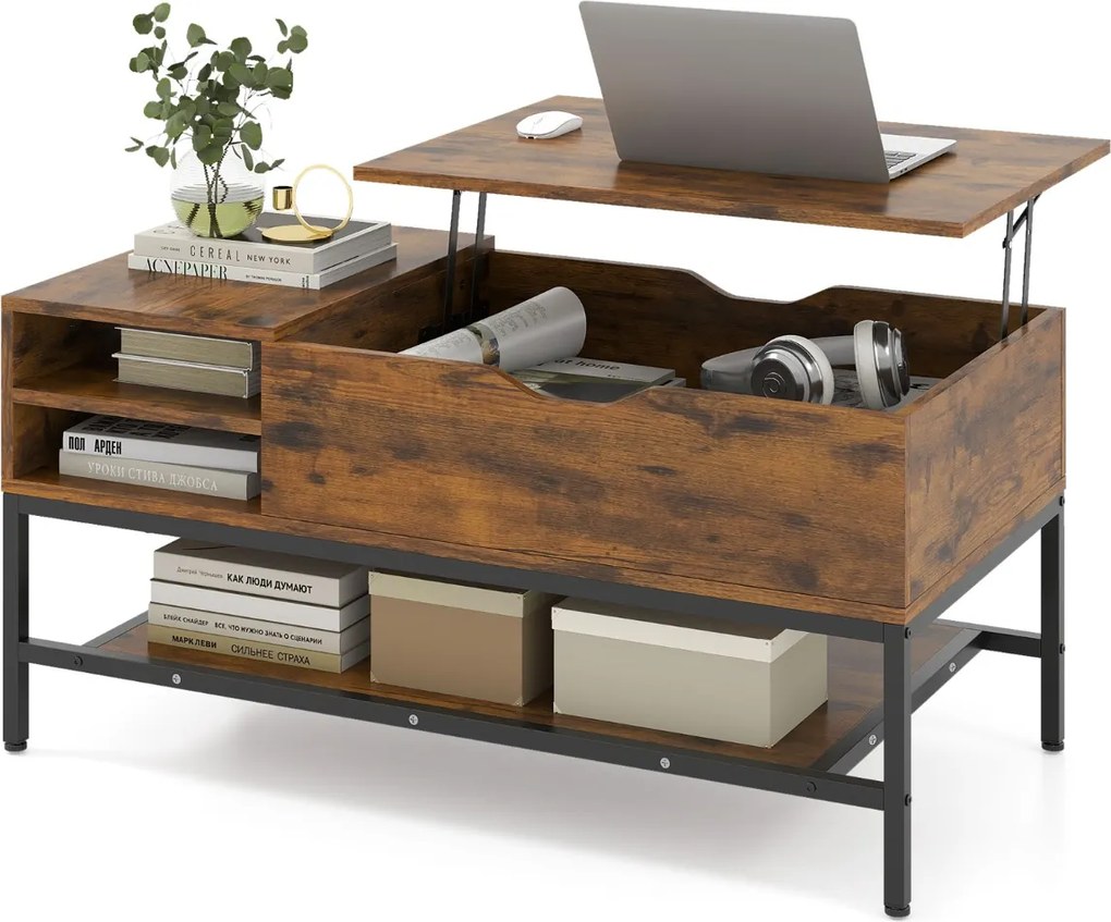 Mesa de centro elevável 99,5 x 49,5 x 47,5 cm com compartimento oculto com prateleira de armazenamento elevável Castanha