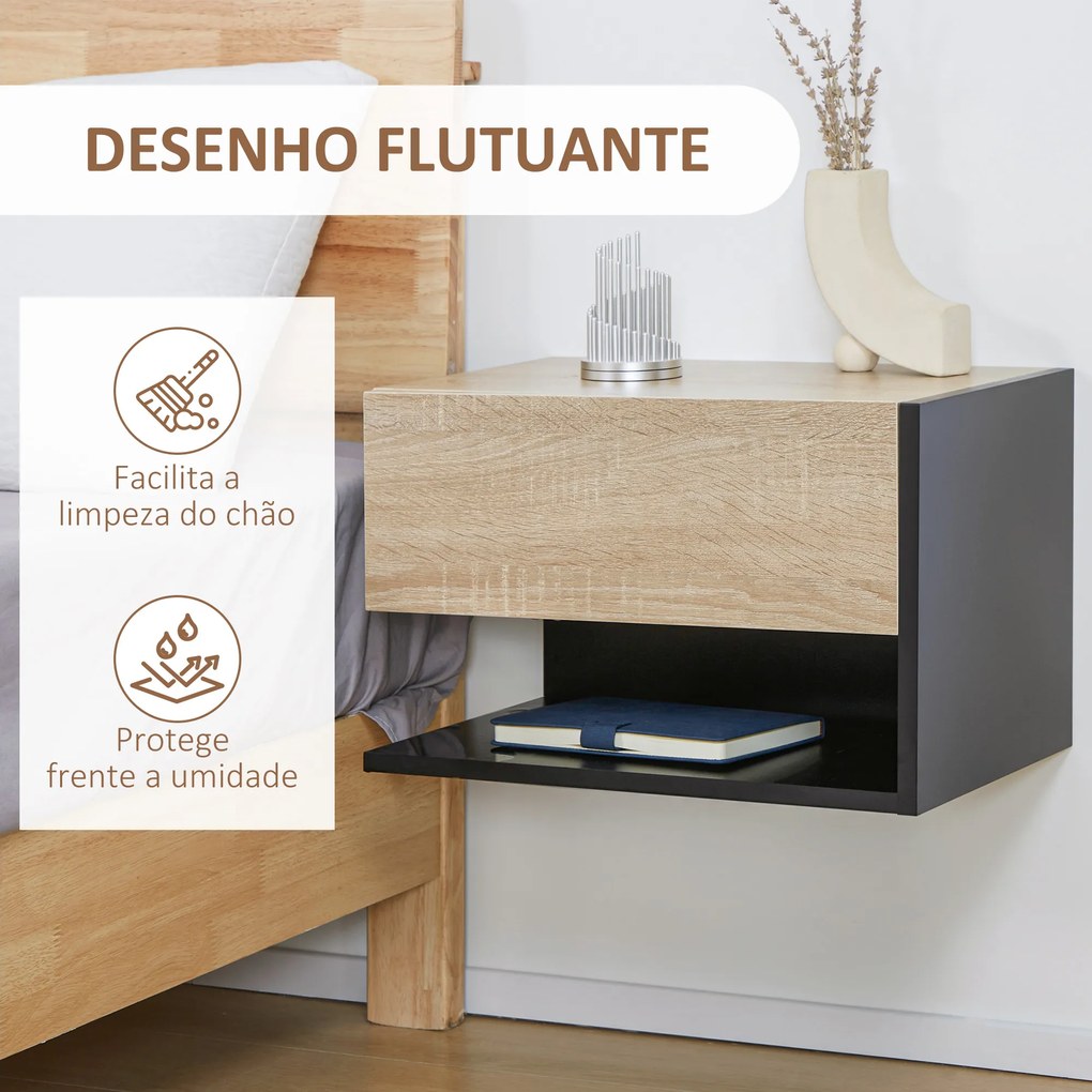 Conjunto de 2 Mesas de Cabeceira Flutuantes com 1 Gaveta e Prateleira Aberta 46x30x30 cm Carvalho e Preto