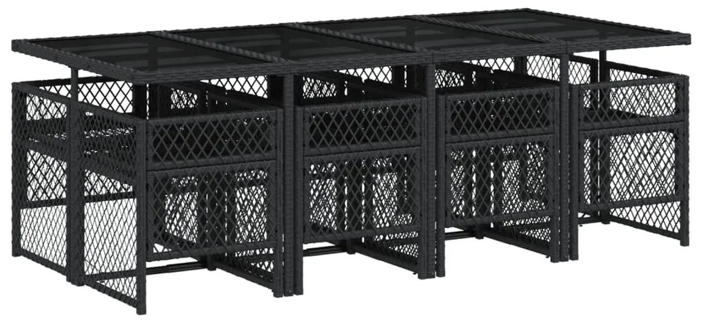 9 pcs conjunto de jantar p/ jardim c/ almofadões vime PE preto