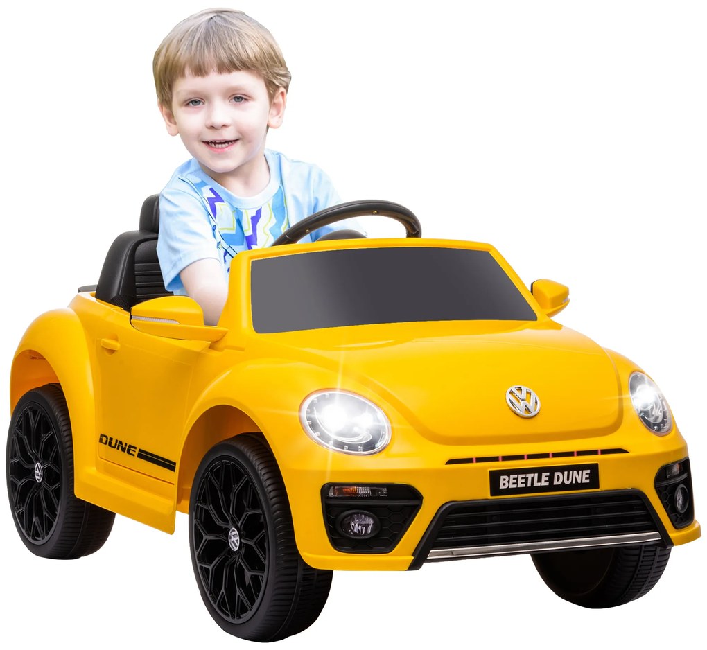 AIYAPLAY Carro Elétrico para Crianças Carro Elétrico Infantil Volkswagen Beetle com Bateria 12V Faróis Buzina e Música 97x56,5x46 cm Amarelo