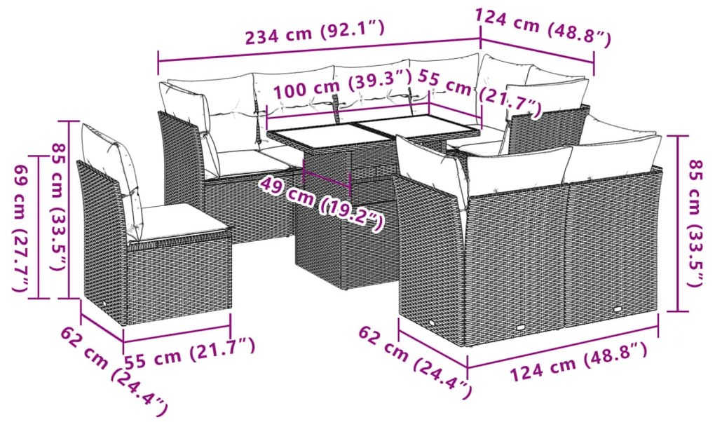 9 pcs conj. sofás jardim com almofadões vime PE cinzento-claro