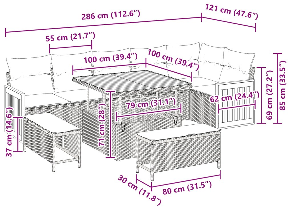 Conjunto de Sofás de Jardim de 9 Peças com Almofadas Rattan Preto Acác