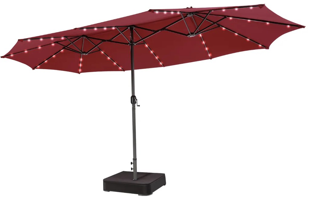 Guarda-sol dupla face de 470 cm com base Areia e 48 luzes LED Painel solar de carregamento automático Mecanismo de manivela Vermelho