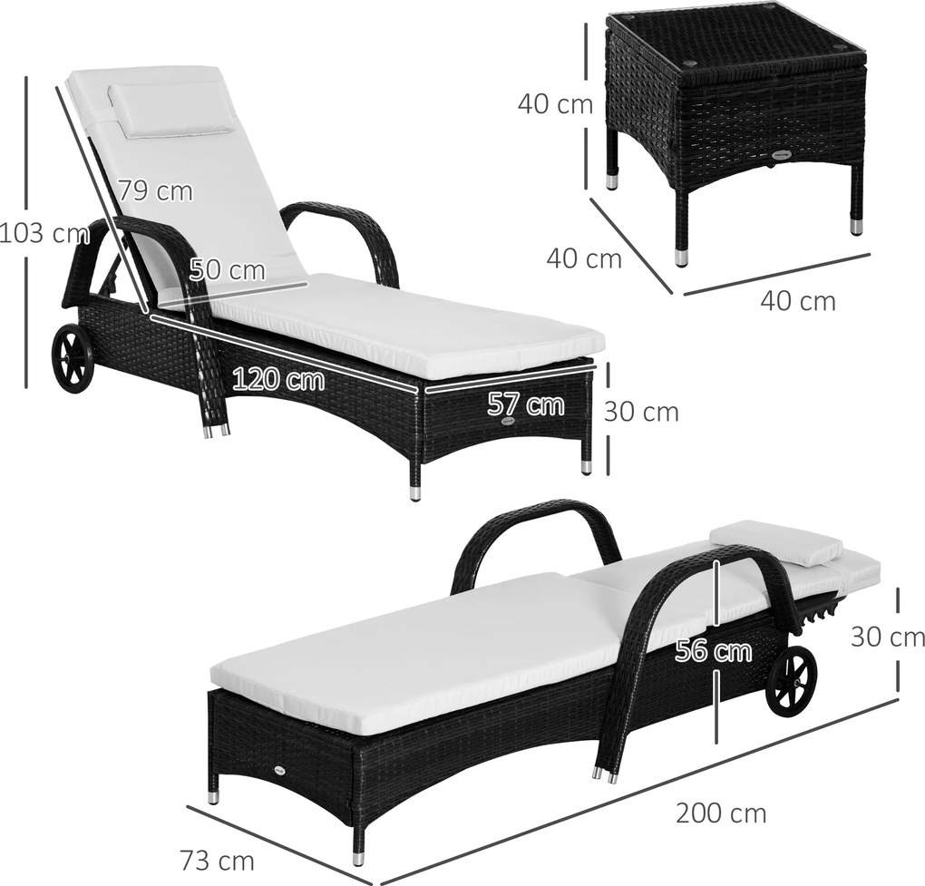 Espreguiçadeiras x2 com Mesa de Vime Chaise Longue para Jardim Pátio C