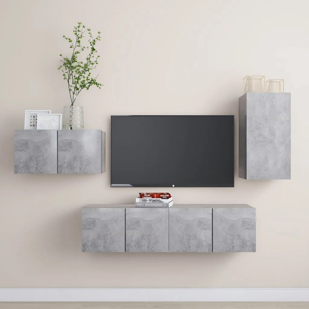 4 pcs conjunto de móveis TV derivados madeira cinzento cimento