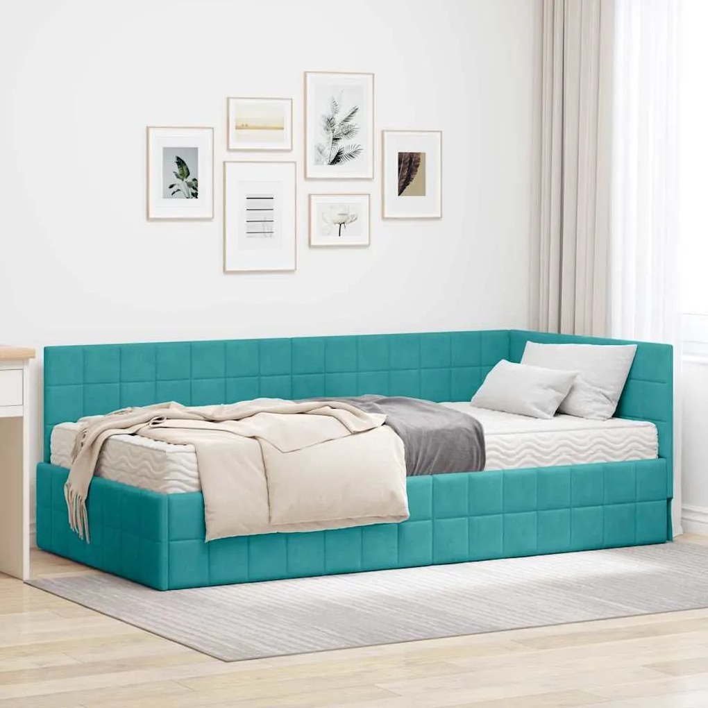 vidaXL Estrutura de Cama de Canto com Colchão 2 pcs Turquesa Veludo