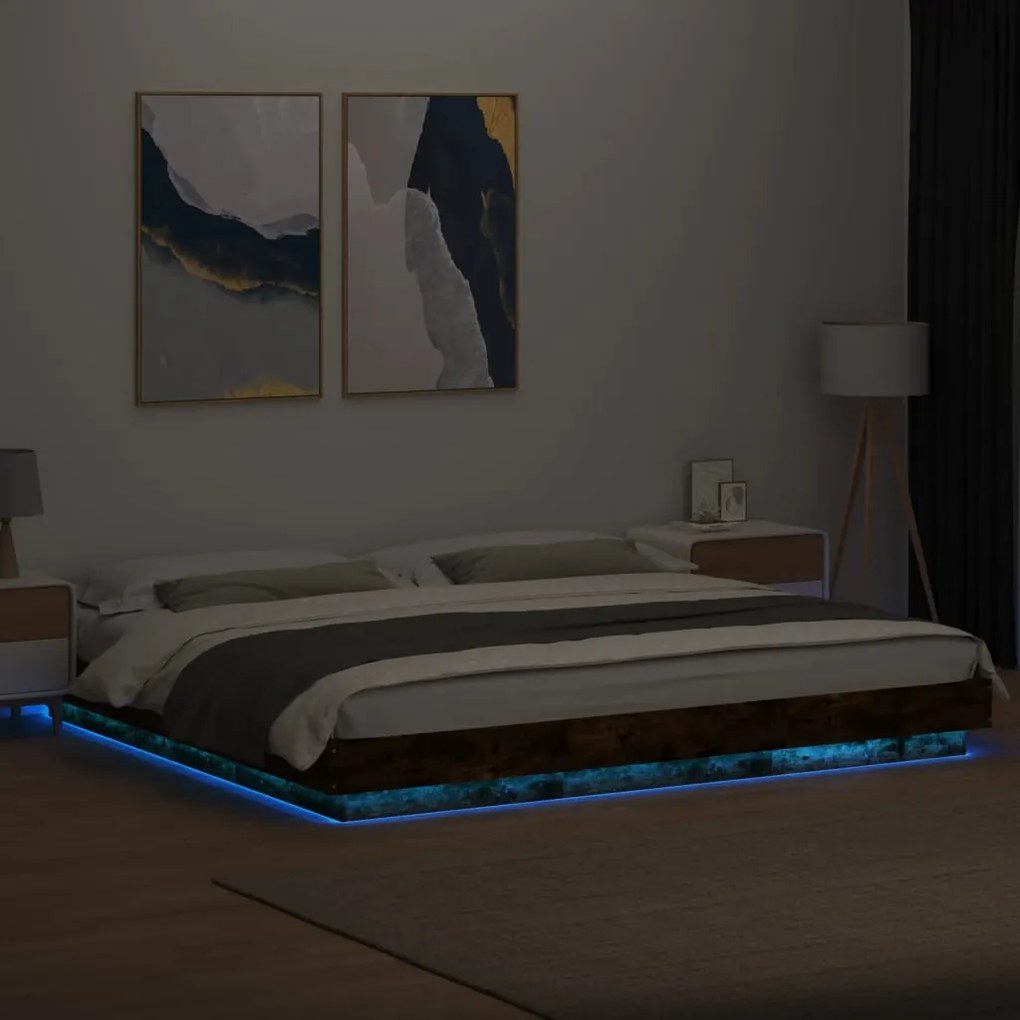 Estrutura cama c/ luzes LED derivados madeira carvalho fumado