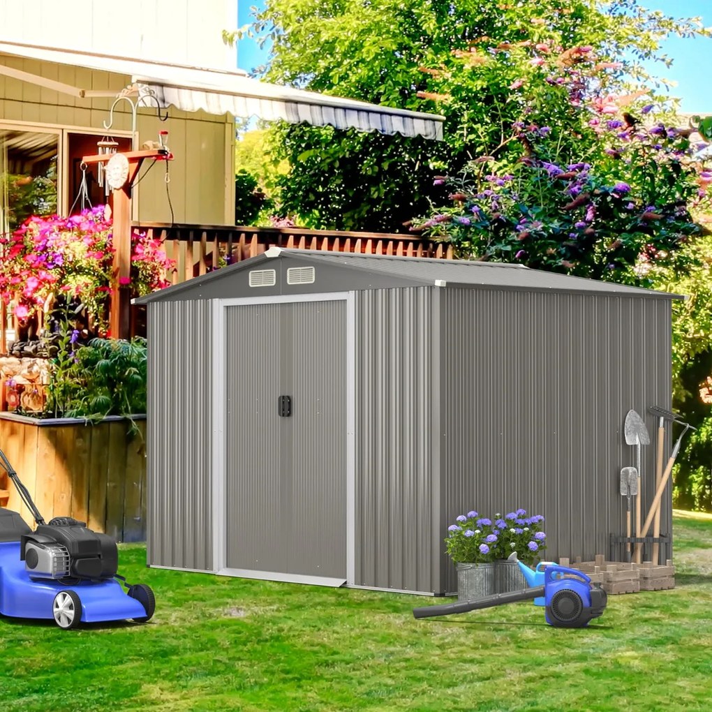 Abrigo de jardim Portas duplas e rampa para ferramentas 260 x 207 x 180 cm Cinzento escuro