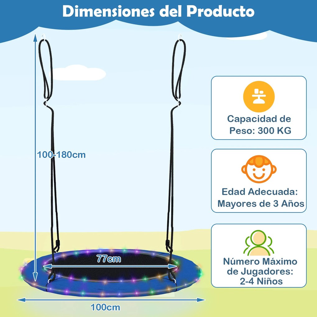 Baloiço em forma de ninho redondo para exterior com luz LED de 8 modos, diâmetro de 100 cm, cordas ajustáveis, capacidade de 300 kg, para crianças a p