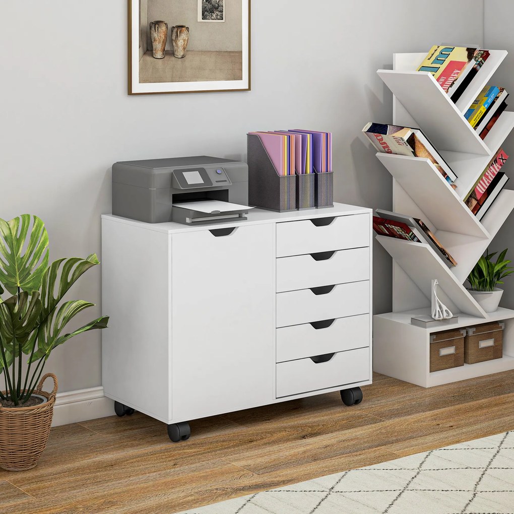 Móvel de arrumação para escritório com 5 gavetas 78 x 40 x 66,5 cm, 1 porta, prateleira ajustável, suporte para impressora e rodas, branco