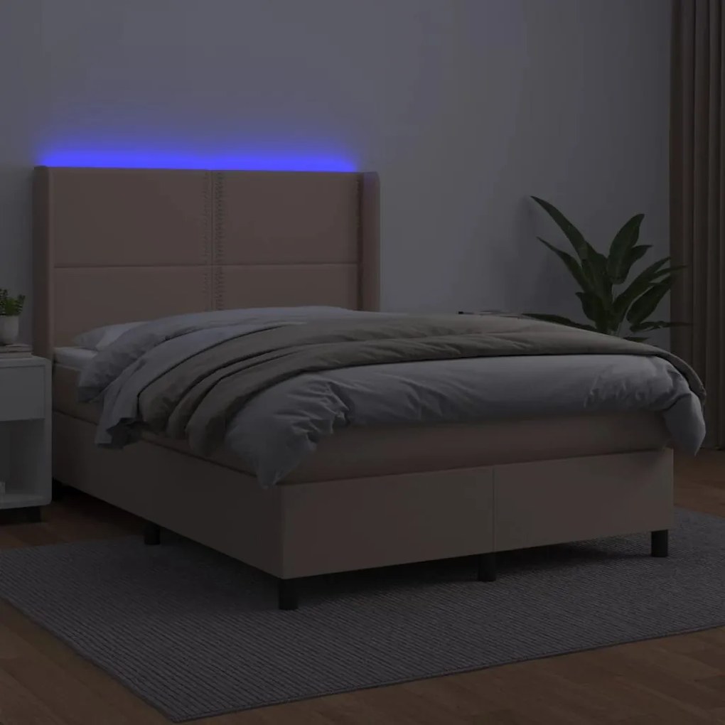 Cama box spring c/colchão/LED 140x190cm couro artif. cappuccino