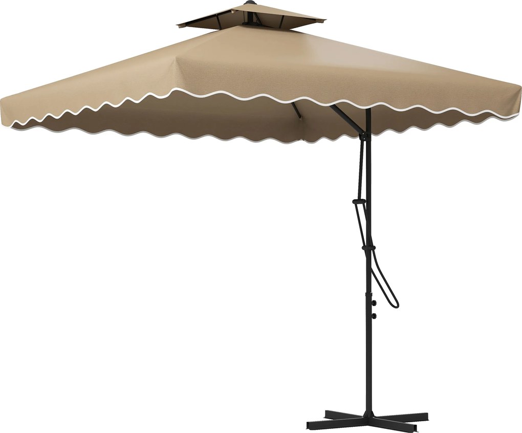 Outsunny Chapéu de Sol Jardim 25 m Excêntrico com Manivela Teto Duplo Borda Ondulada Base Cruzada Resistente UV Caqui | Aosom Portugal