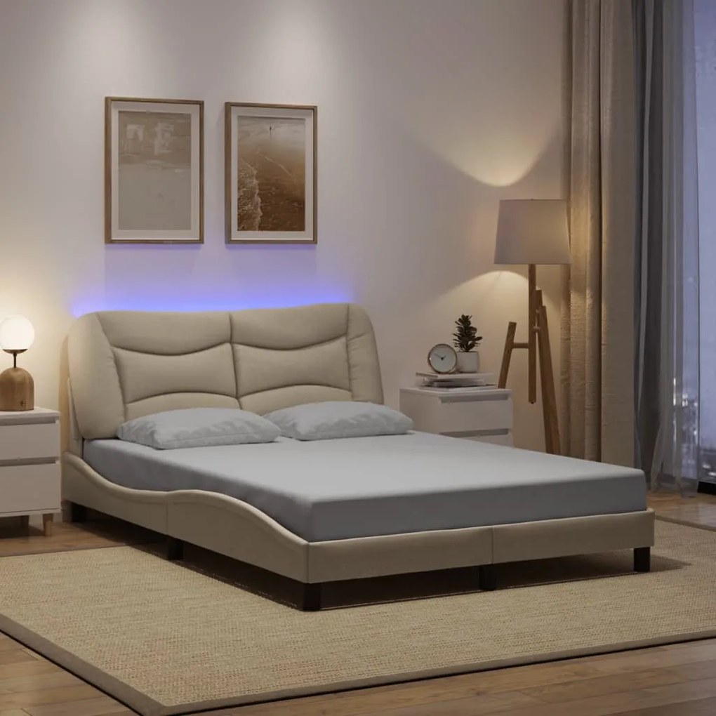 Estrutura de cama c/ luzes LED 140x200 cm tecido creme