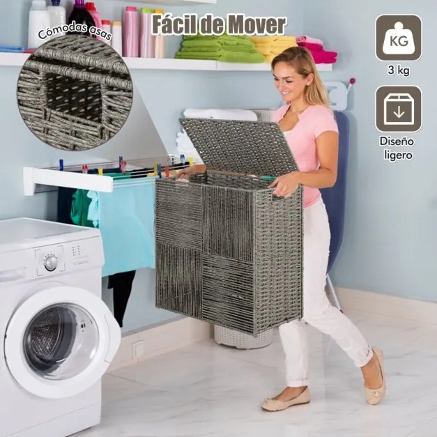 Cesto para roupa suja dobrável em rattan 110 L  com tampa e pegas práticas Saco com forro amovível Saco para roupa suja Casa de banho Cinzento