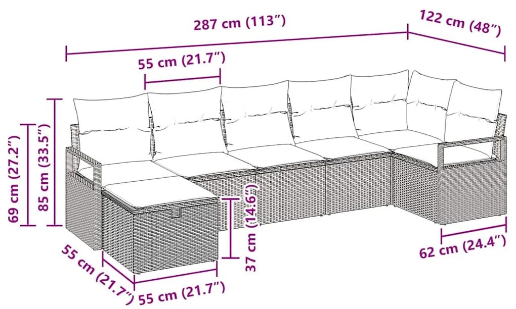 Conjunto de Sofá de Jardim de 7 Peças com Almofadas Cinza Rattan de Po