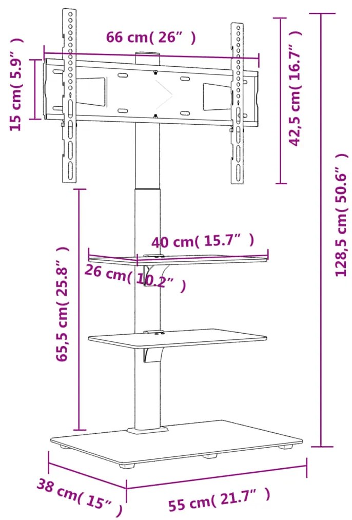 Suporte de canto para TV 32-65 polegadas c/ 3 prateleiras preto