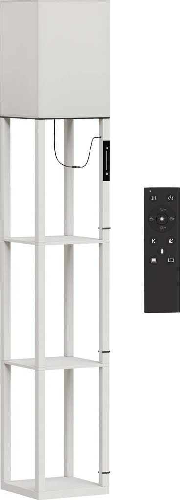 HOMCOM Candeeiro de Pé com 3 Prateleiras, LED Regulável, Controlo Tátil e Remoto, Abajur em Tecido, Lâmpada Incluída, Branco | Aosom Portugal