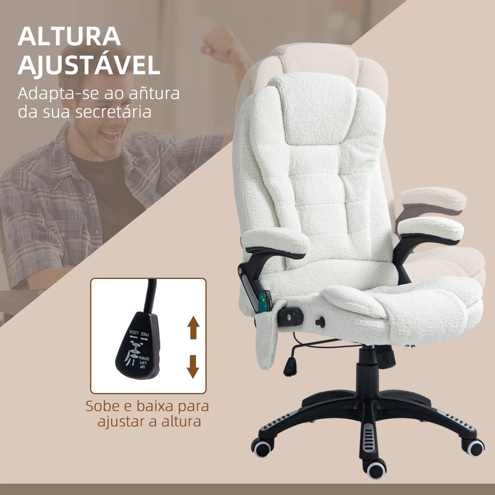 Cadeira de Massagem com 6 Pontos Reclinável até 130° com Função de Aquecimento Tecido em Borrego 67x74x107-116 cm Branco
