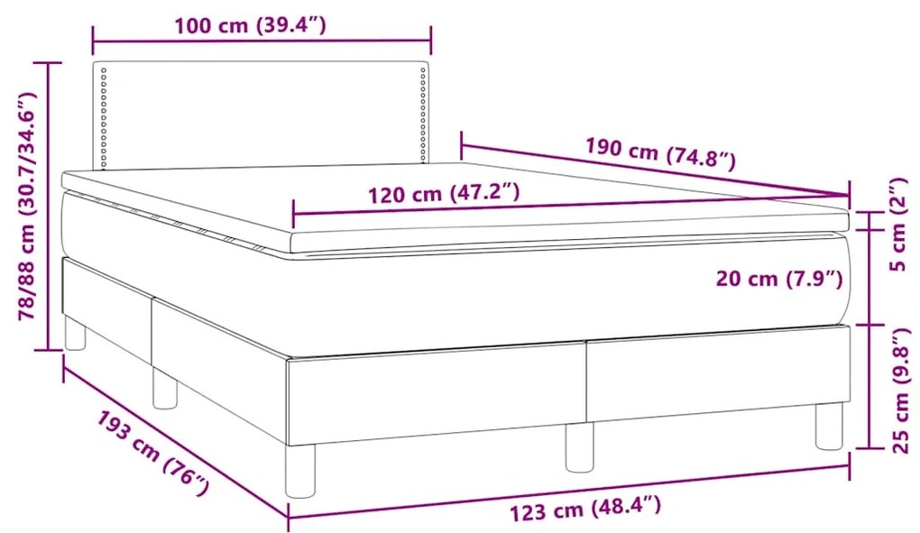 Cama box spring colchão LED 120x190cm couro artif. cinza-escuro