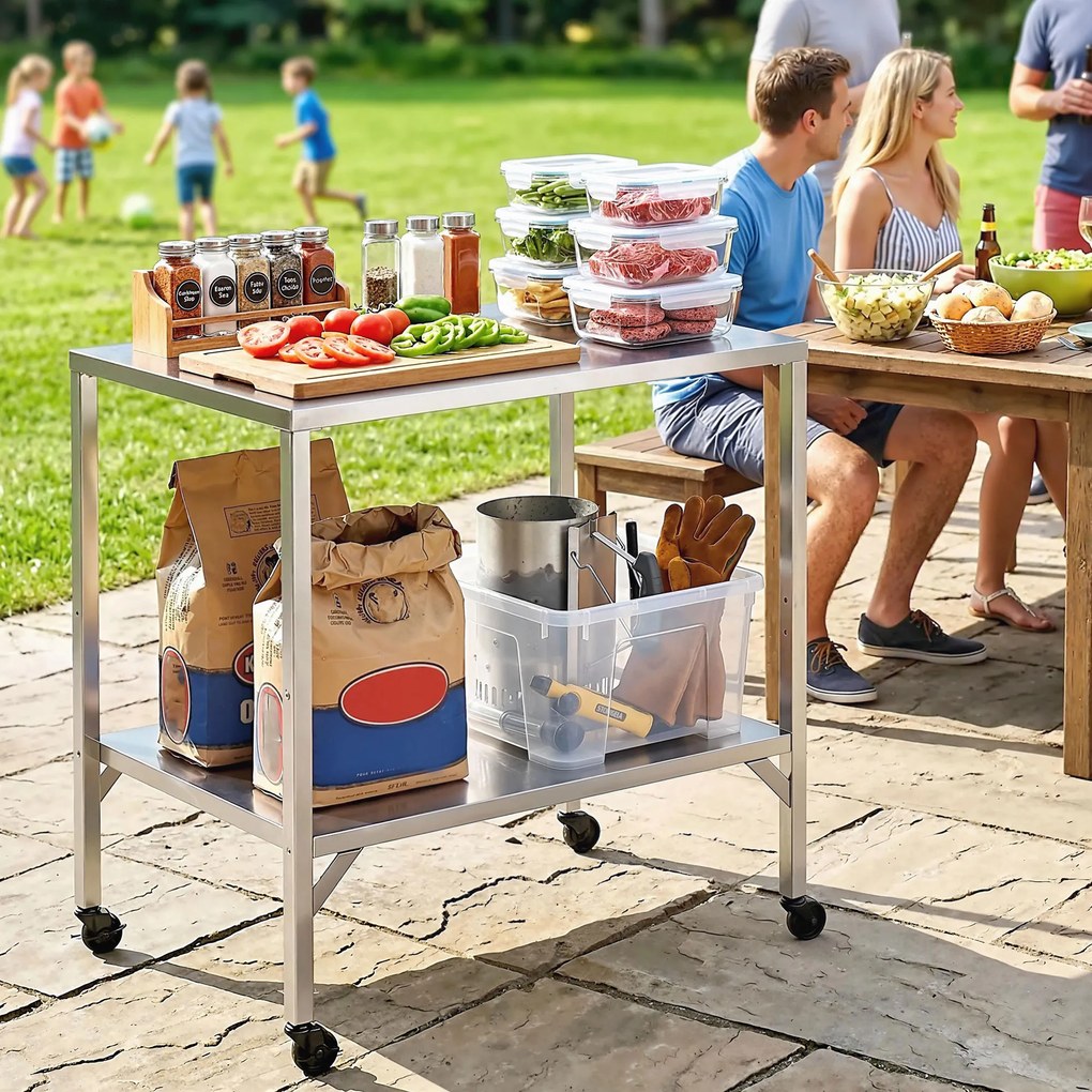 Carrinho de churrasco 85 x 60 x 92 cm com mesa de preparação para exterior, com bancada e rodas em aço inoxidável, prateado