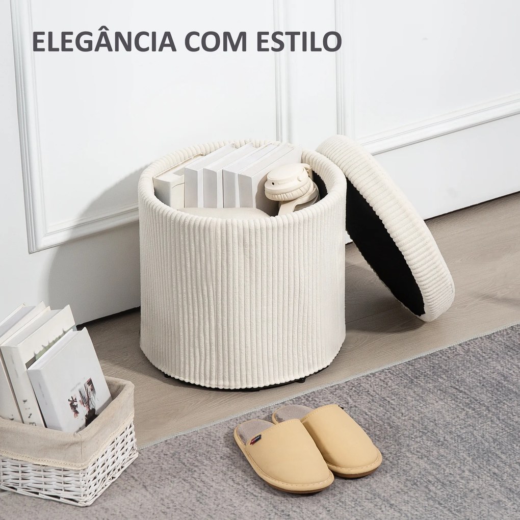 Puff de Arrumação Baú de Arrumação Redondo Estofado em Veludo Cotelê Tampa Removível Ø40x41 cm Creme