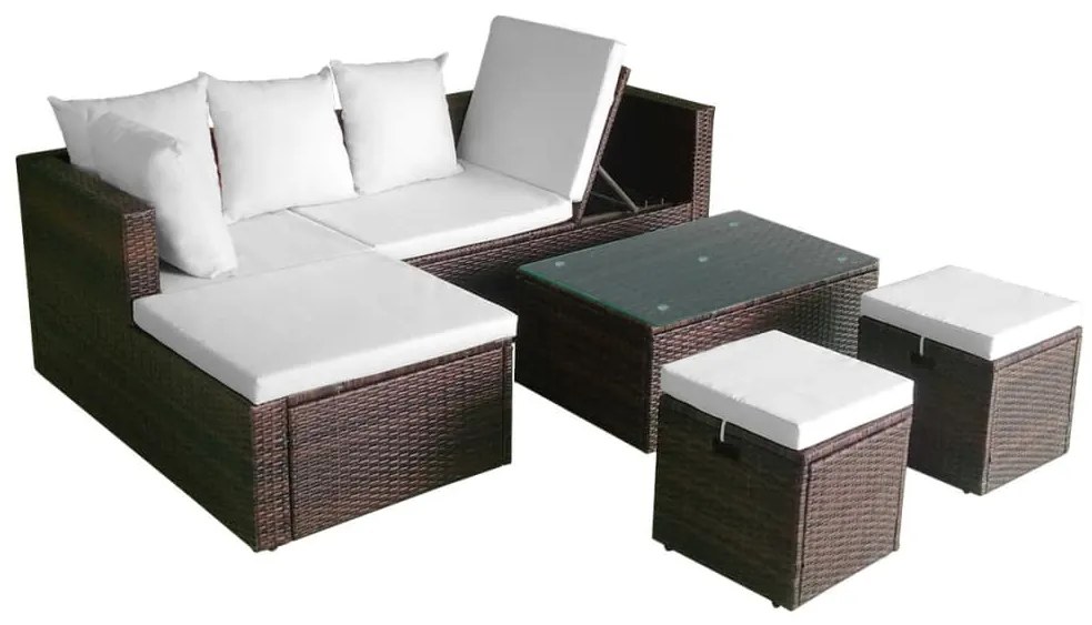 4 pcs conjunto lounge jardim c/ almofadões vime PE castanho
