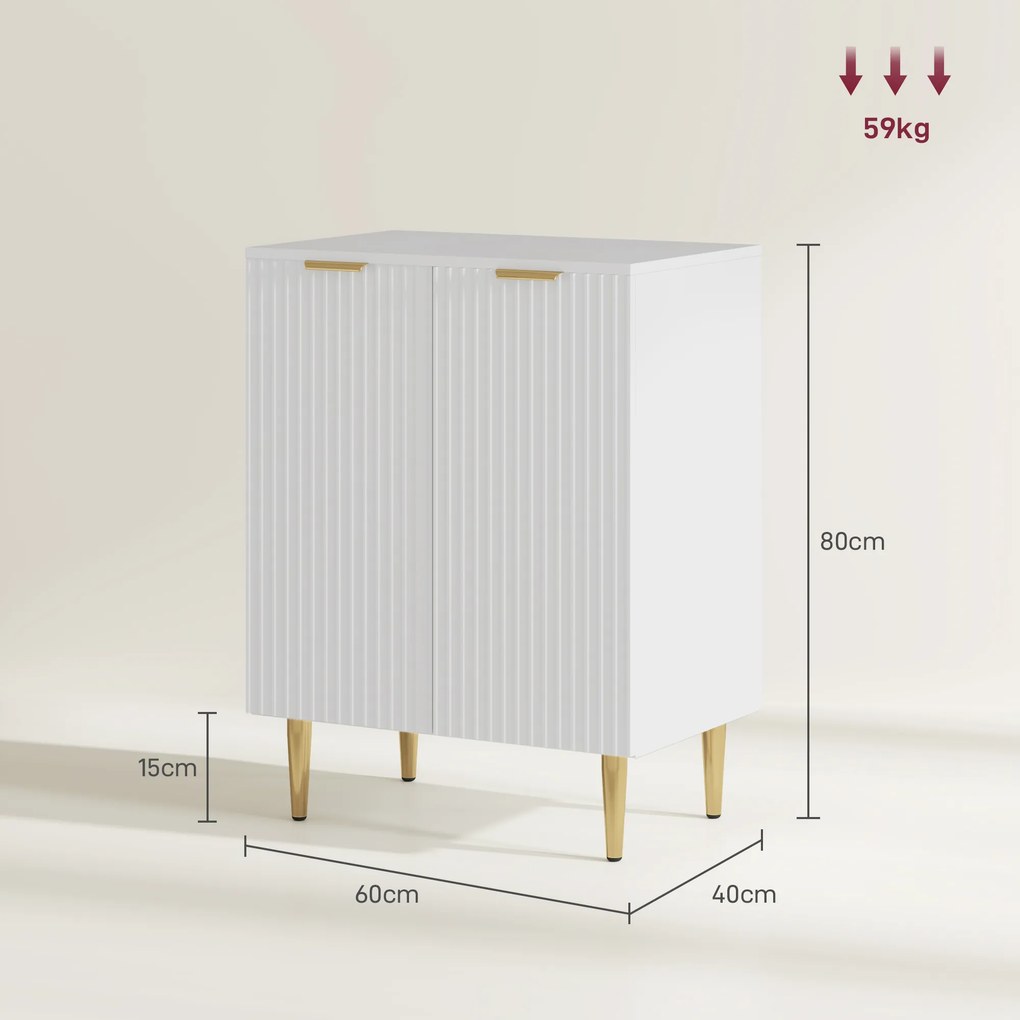 Aparador de cozinha com 2 portas, prateleira ajustável e pés metálicos elevados, 60 x 40 x 80 cm, branco