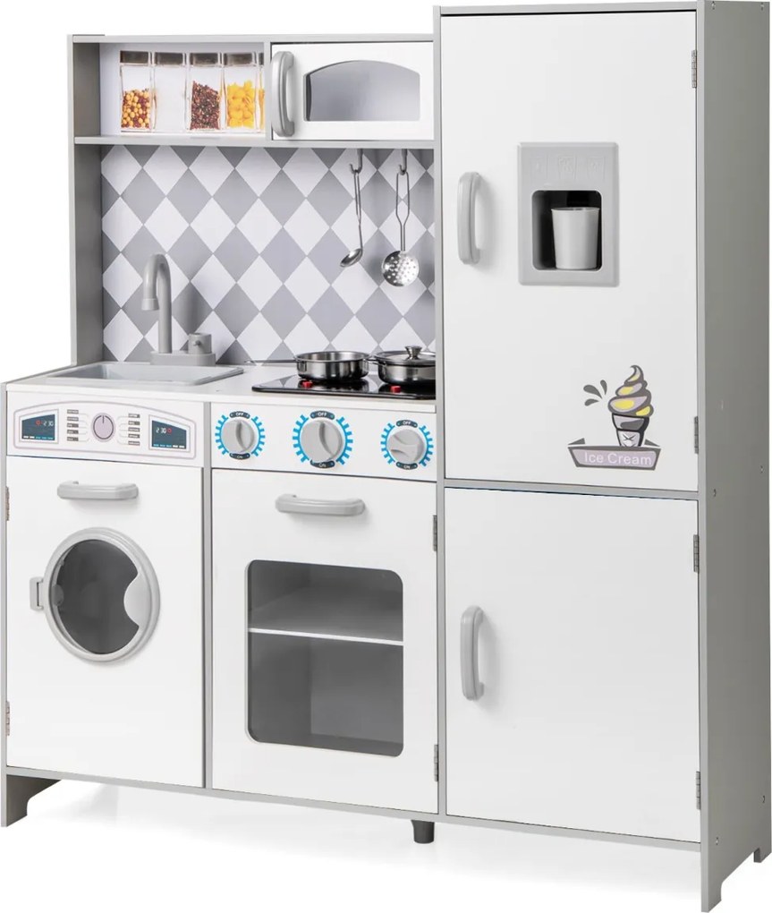Cozinha Brincar para crianças com mais de 3 anos, em madeira, com máquina de gelo, fogão, máquina de lavar roupa, forno micro-ondas, sons e luzes reai