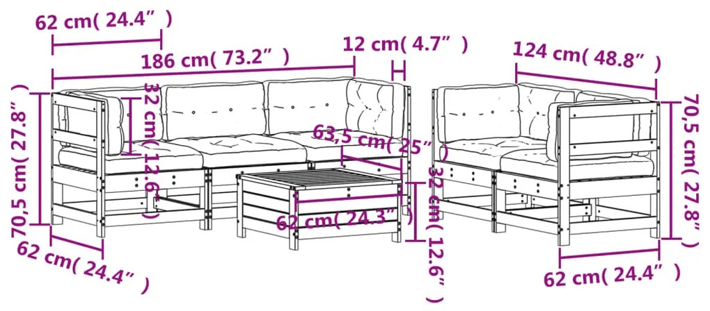 6 pcs conjunto lounge de jardim c/ almofadões pinho impregnado