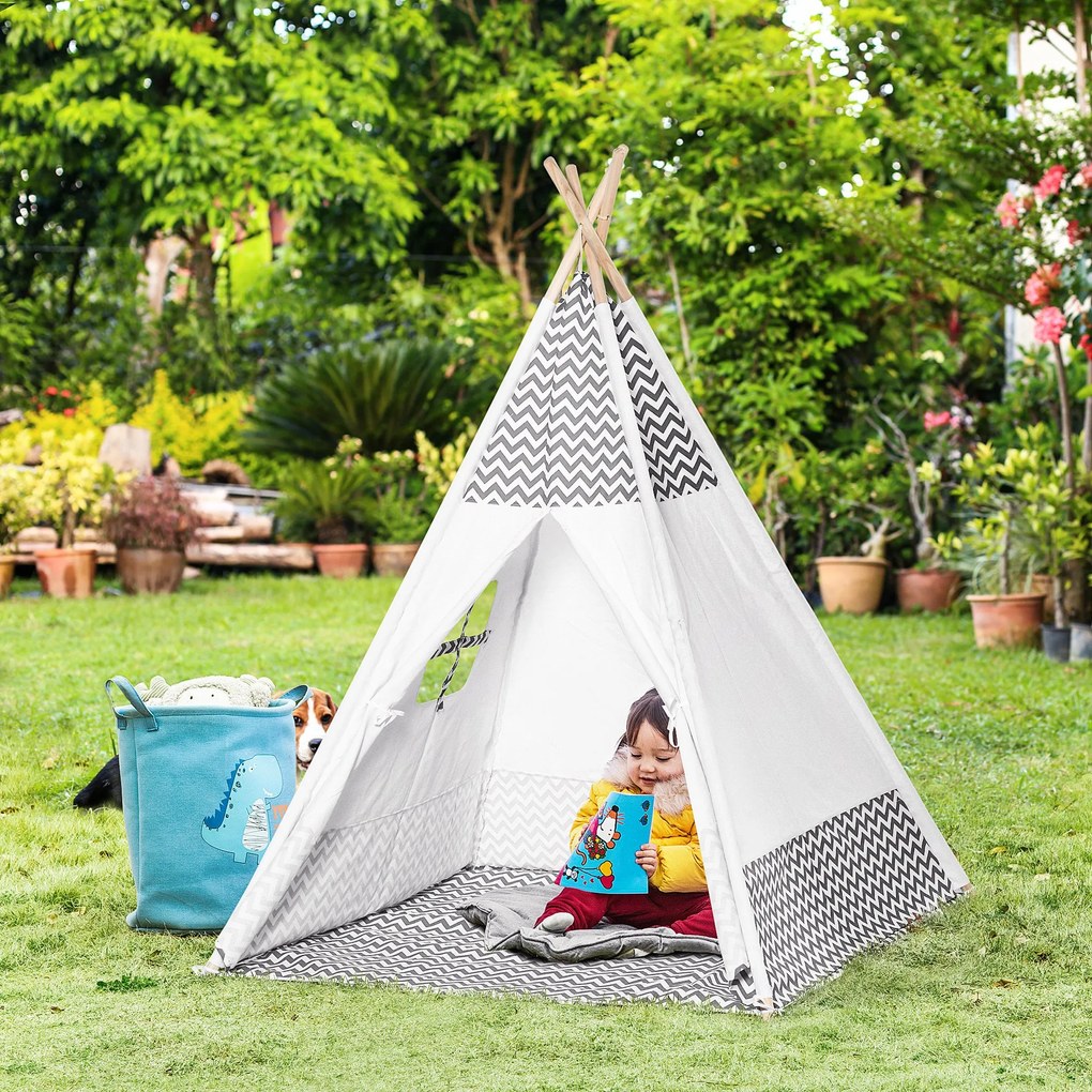 Tenda Tipi para Crianças acima de 3 Anos Tenda Infantil de Madeira Portátil com Janela Almofada e Bolsa de Transporte para Interiores e Exteriores 120