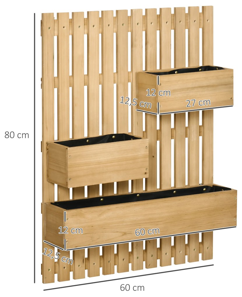 Outsunny Floreira de Parede com Treliça Floreira Vertical de Madeira com 4 Vasos Móveis e Orifício de Drenagem para Jardim Varanda Pátio 60x16x80 cm Madeira