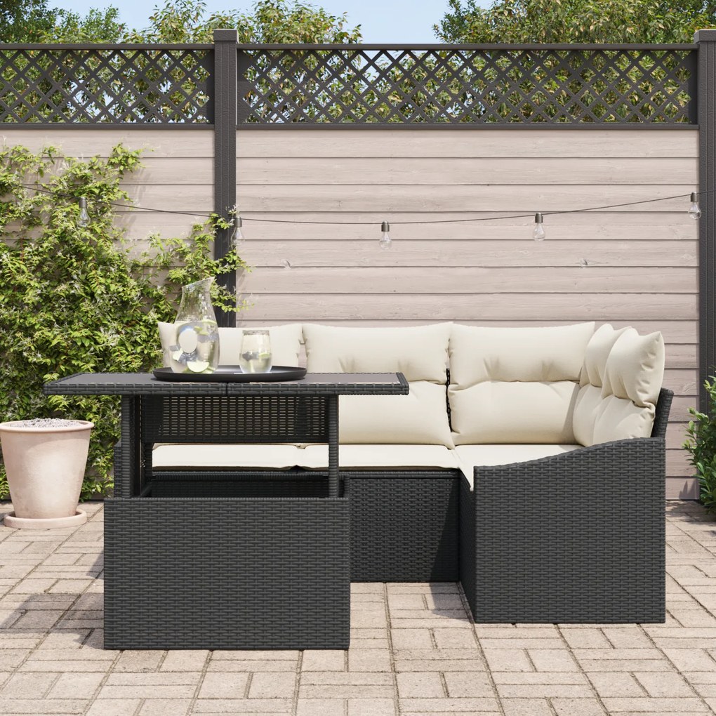 Conjunto de Sofá de Jardim em 5 Peças com Almofadas Preto Vime Rato