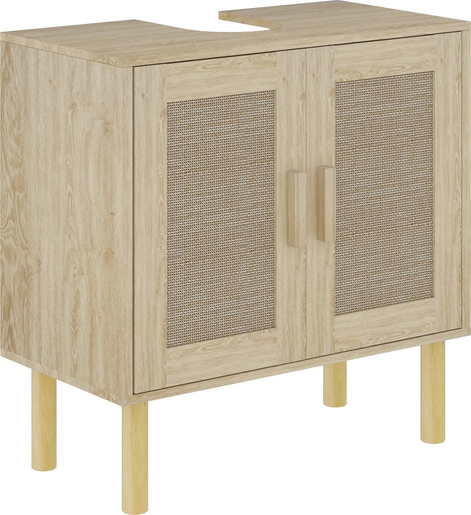 Móvel de casa de banho 60 x 30 x 60 cm para lavatório (NÃO INCLUIDO), com portas em rattan e pés em madeira de pinho, 2 prateleiras, em cor carvalho