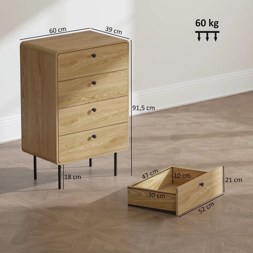 Cómoda com 4 gavetas, móvel de arrumação estreito com pés em aço, cantos arredondados, 60 x 39 x 91,5 cm, carvalho