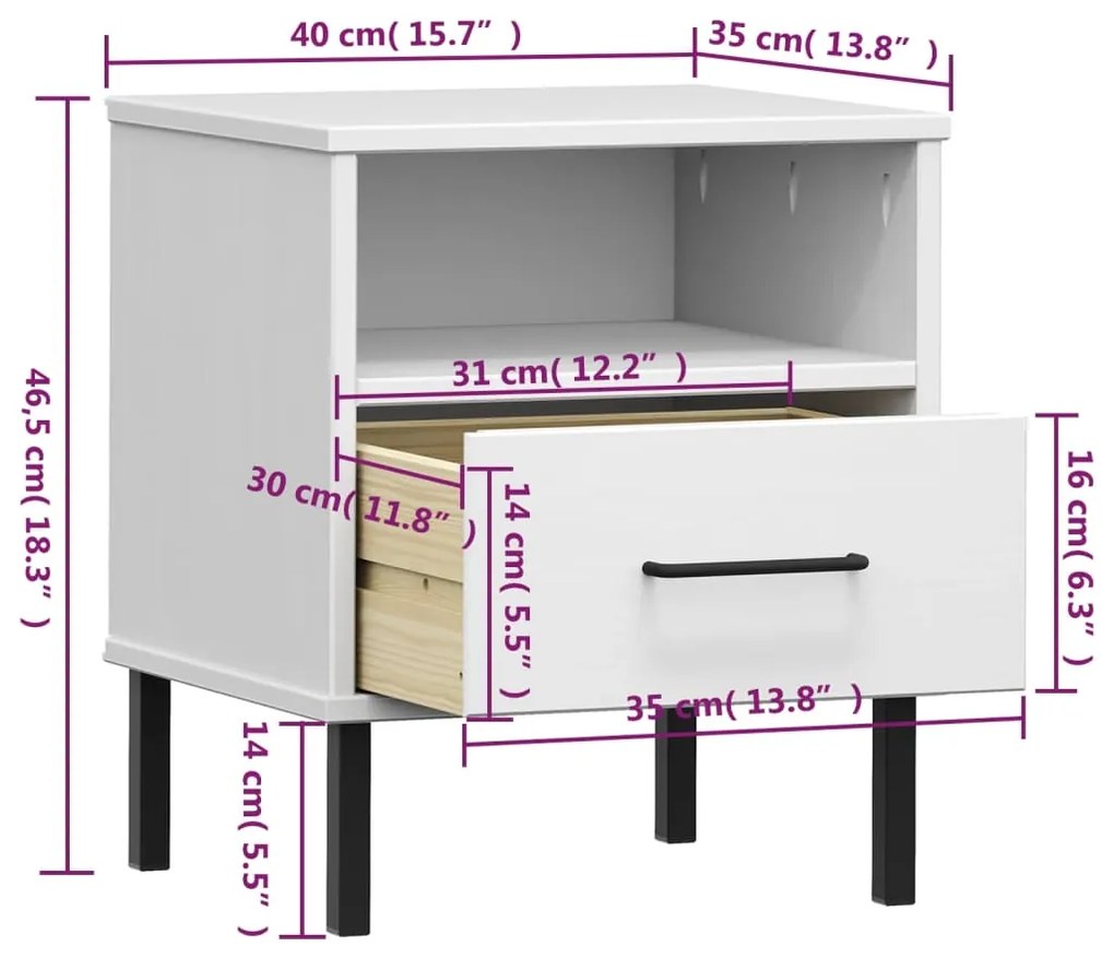 Mesa cabeceira c/ pernas de metal OSLO pinho maciço branco